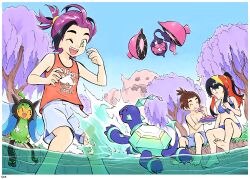 1girl 2boys :t ;d ^^^ absurdres barefoot bikini black_hair blue_bikini brown_hair carmine_(pokemon) clear_sky closed_eyes closed_mouth day eating florian_(pokemon) highres kieran_(pokemon) mixed-language_commentary multicolored_hair multiple_boys nintendo ogerpon one_eye_closed open_mouth outdoors pecharunt pokemon pokemon_sv ponytail purple_hair seb shirt shorts sidelocks sky sleeveless sleeveless_shirt smile soaking_feet splashing summer swimsuit teeth terapagos toes topless_male tree two-tone_hair upper_teeth_only wading water