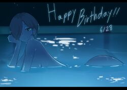 1girl amoncheeto commentary dated english_commentary girls_band_cry hair_over_one_eye happy_birthday highres letterboxed long_hair mole mole_under_eye multicolored_hair night nude partially_submerged pool roots_(hair) rupa_(girls_band_cry) short_hair solo wet