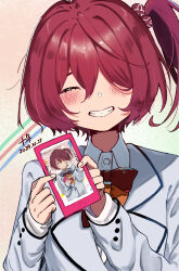 1girl absurdres blazer blush bow bowtie cellphone chinese_commentary closed_eyes commentary_request dated hair_between_eyes hair_bobbles hair_ornament highres holding holding_phone imigimuru jacket jyuunen-kun komari_chika long_sleeves make_heroine_ga_oo_sugiru! meta multiple_views official_art_inset one_side_up phone red_bow red_bowtie red_hair school_uniform short_hair signature smartphone solo tsuwabuki_high_school_uniform upper_body white_jacket winter_uniform yellow_bow yellow_bowtie