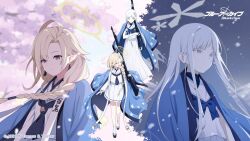 2girls artist_request ayame_(blue_archive) blonde_hair blue_archive blue_haori colored_eyelashes copyright_logo hair_ornament halo haori japanese_clothes multiple_girls nagusa_(blue_archive) official_art school_uniform serafuku snowflake_hair_ornament walking white_eyelashes white_eyes white_halo white_serafuku