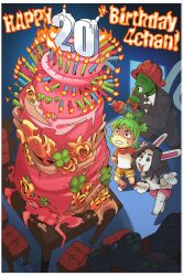1girl 2boys 4chan ? absurdres anniversary anonymous_(4chan) bad_source birthday_cake black_eyes black_hair black_jacket black_necktie black_pants border boy&#039;s_club brown_shorts cake candle chair character_doll clover collared_shirt colored_skin commentary english_commentary faceless faceless_male firefighter food formal_clothes four-leaf_clover full_body green_hair green_skin happy_birthday highres jacket koiwai_yotsuba moot multiple_boys necktie nishimura_hiroyuki_(2ch) open_mouth pants pepe_the_frog pink_shorts quad_tails rabbit_boy raglan_sleeves ramenwarwok shirt short_bangs short_hair shorts smile suit t-shirt table vivian_james white_border white_shirt yotsubato!