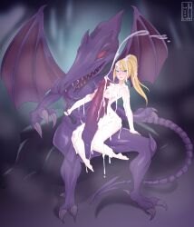 1boy 1girl absurdres after_fellatio arched_back arm_support barefoot blonde_hair blue_eyes breasts bukkake closed_mouth completely_nude cum cum_on_arms cum_on_body cum_on_breasts cum_on_hair cum_on_legs cum_on_upper_body cum_string cumdrip dragon ejaculation excessive_cum eyebrows facial full_body hellobirde hetero highres holding holding_leash huge_penis large_breasts leash lips long_hair looking_at_viewer looking_to_the_side metroid monster naughty_face nintendo nipples nude paizuri penis ponytail ridley samus_aran sitting sitting_on_person smug testicles thigh_sex thighs toes uncensored xenophilia