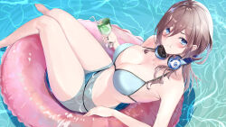 1girl :t absurdres bare_legs bare_shoulders barefoot bikini blue_bikini blue_eyes blush breasts brown_hair cleavage closed_mouth collarbone commentary cup day eyelashes eyes_visible_through_hair foot_out_of_frame glass go-toubun_no_hanayome hair_between_eyes halterneck headphones headphones_around_neck highres holding holding_cup knees_together_feet_apart kodokunogotoku large_breasts long_hair looking_at_viewer nakano_miku navel outdoors pout relaxing sitting solo stomach swim_ring swimsuit thighs water