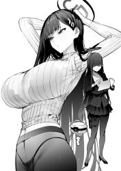 Rule 34 | 1girl, absurdres, arms up, black hair, black halo, black panties, black pantyhose, blue archive, breasts, bright pupils, enokido (reido1177), full body, hair ornament, hairclip, hairpin, halo, hands on own head, highres, impossible clothes, impossible sweater, large breasts, long hair, monochrome, multicolored halo, multiple views, panties, panties under pantyhose, pantyhose, red eyes, ringed eyes, rio (blue archive), solo, sweater, tablet pc, turtleneck, turtleneck sweater, two-tone halo, underwear, white pupils, white sweater