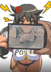 1boy 1girl :&gt;= anger_vein bar_censor bare_shoulders black_hair blush breasts brown_eyes censored cleavage collarbone covered_erect_nipples denim denim_shorts fellatio hands_on_own_hips hetero large_breasts long_hair looking_at_viewer male_pubic_hair micro_shorts navel oral otoo_(izanagi) penis pubic_hair recording red_king_(ultra_series) short_shorts shorts solo_focus to-gnaniwa ultra_kaijuu_gijinka_keikaku ultra_series v very_long_hair