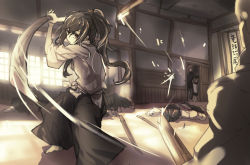 3boys 3girls black_hair dojo fighting fighting_stance hakama hakama_skirt highres holding holding_weapon indoors japanese_clothes lying motion_blur multiple_boys multiple_girls on_ground on_stomach original ponytail serious skirt sword weapon window wooden_sword yodosesami yodosumiori