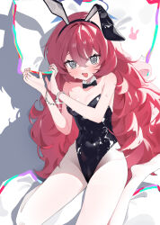 1girl @_@ absurdres animal_ear_hairband animal_ears black_leotard blue_archive bow bowtie cetci detached_collar fake_animal_ears fluffy_hair grey_eyes hairband highres iroha_(blue_archive) leotard long_hair looking_at_viewer open_mouth pantyhose playboy_bunny rabbit_ears red_hair smile solo strapless strapless_leotard white_pantyhose
