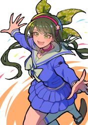 Rule 34 | 1girl, :d, absurdres, bell, blue shirt, blue skirt, chabashira tenko, choker, danganronpa (series), danganronpa v3: killing harmony, green eyes, green hair, green ribbon, hair ribbon, hairband, highres, kneehighs, leg up, long hair, long sleeves, looking at viewer, mole, mole under mouth, neck bell, open mouth, pink choker, pink hairband, ribbon, sailor collar, sandals, shirt, single sandal, skirt, smile, socks, solo, twintails, white sailor collar, white socks, youko-shima