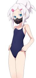 1girl absurdres bare_arms bare_shoulders blue_eyes blue_one-piece_swimsuit breasts cleavage closed_mouth commentary_request covered_navel deux_murasame grey_hair gundam gundam_gquuuuuux hair_bun hair_ornament hairclip highres long_hair looking_at_viewer mask mouth_mask na-suke one-piece_swimsuit purple_pupils school_swimsuit simple_background small_breasts solo swimsuit white_background