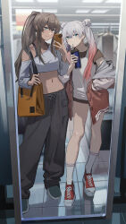 2girls alternate_costume alternate_hairstyle bag black_pants blue_eyes brown_hair casual cellphone closed_mouth cm901_(girls&#039;_frontline) commentary cross-laced_shoes cup disposable_cup double_bun english_commentary full_body girls&#039;_frontline gradient_hair hair_bun highres holding holding_cup holding_phone indoors jacket looking_at_viewer lwmmg_(girls&#039;_frontline) midriff multicolored_hair multiple_girls navel off_shoulder open_clothes open_jacket pants phone red_hair red_jacket red_shoes reflection rff_(3_percent) selfie shoes shoulder_bag single_off_shoulder smartphone sneakers socks twintails two-tone_hair white_hair white_socks yellow_bag