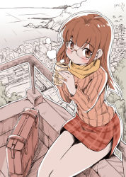 1girl blush brown_eyes brown_hair female_focus glasses kubocha long_hair looking_at_viewer original scarf sitting skirt solo