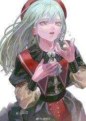 1girl absurdres ascot bang_dream! bang_dream!_it&#039;s_mygo!!!!! beret black_capelet black_collar black_overskirt black_sleeve_cuffs brown_sleeves buttons capelet collar colored_eyelashes commentary cowboy_shot earrings fingernails frilled_collar frills glint green_brooch green_hair grey_ascot grey_shirt hair_between_eyes hand_on_own_chest hands_up hashtag-only_commentary hat highres jewelry kinayone long_hair long_sleeves looking_up mortis_(bang_dream!) mortis_(costume)_(bang_dream!) open_mouth puffy_long_sleeves puffy_sleeves red_capelet red_hat shirt simple_background solo teeth upper_teeth_only wakaba_mutsumi watermark weibo_username weibo_watermark white_background yellow_eyes
