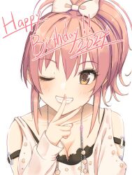 1girl arm_at_side birthday black_bra blush bow bra breasts cleavage clenched_teeth collarbone commentary_request dot_nose english_text eyelashes fingernails gyaru hair_bow hand_up happy_birthday highres hime_gyaru idolmaster idolmaster_cinderella_girls jewelry jougasaki_mika looking_at_viewer medium_breasts nail_polish necklace one_eye_closed open_mouth pink_hair pink_nails ponytail shamal_(ny_earth) sidelocks simple_background smile solo straight-on tank_top teeth underwear upper_body v white_background white_bow white_tank_top yellow_eyes