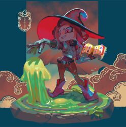 1girl armor belt belt_buckle black_belt black_hat book boots breastplate brown_pants buckle commentary_request fang full_body gauntlets grey_boots grin hat holding holding_book medium_hair nintendo octoling octoling_girl octoling_player_character open_book pants parted_bangs pointy_footwear red_eyes red_hair slime_(substance) smile solo splatoon_(series) standing tentacle_hair towaxa two-sided_fabric two-sided_headwear witch_hat