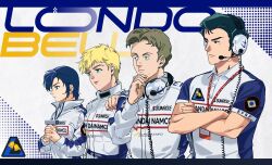 2boys 2girls astonaige_medoz black_hair blonde_hair blue_eyes blue_hair bright_noa brown_hair chan_agi char&#039;s_counterattack closed_mouth clothes_writing commentary company_name crossed_arms dnwn_stone green_eyes gundam hand_on_own_chin headphones headphones_around_neck highres holding jacket kayra_su long_sleeves microphone multiple_boys multiple_girls own_hands_clasped own_hands_together racing short_hair short_sleeves smile sponsor symbol-only_commentary