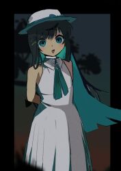 1girl aqua_hair aqua_ribbon arms_behind_back black_hair blue_eyes blurry blurry_background blurry_foreground boater_hat brooch cevio collared_dress colored_inner_hair commentary_request cowboy_shot dark dress embroidery empty_eyes futaba_minato gradient_neck_ribbon hair_ornament hairclip hat highres jewelry long_hair multicolored_hair open_mouth pleated_dress ribbon sabiaji_(gama_ou) single_sidelock sleeveless sleeveless_dress smile solo standing swept_bangs white_dress white_hat