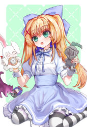 1girl :o blue_bow blue_ribbon blue_skirt blush border bow character_doll character_request doll eyelashes foot_out_of_frame frilled_skirt frilled_sleeves frills gensou_roukaku green_background green_eyes hair_bow hair_intakes hair_ornament hands_up high-waist_skirt highres holding holding_doll huge_bow long_hair neck_ribbon official_alternate_costume open_mouth outside_border puffy_short_sleeves puffy_sleeves ribbon shirt short_sleeves sidelocks simple_background skirt solo straight_hair striped_clothes striped_thighhighs summer_pockets tareme teeth thighhighs tsumugi_wenders twintails upper_teeth_only w_arms white_border white_shirt x_hair_ornament