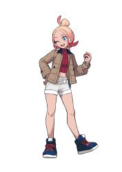 1girl absurdres artist_request belt black_shoes blue_eyes bracelet breasts brown_jacket buttons collared_jacket crop_top female_focus forehead full_body gradient_hair grey_shorts hand_on_own_hip hand_up happy highres holding holding_poke_ball jacket jewelry legs long_sleeves looking_afar mega_ring midriff multicolored_hair navel nintendo official_art one_eye_closed open_clothes open_jacket open_mouth orange_hair outline pocket poke_ball poke_ball_(basic) poke_ball_symbol pokemon pokemon_legends:_z-a red_shirt ribbed_shirt shirt shoes short_hair short_shorts shorts sidelocks simple_background small_breasts smile solo standing stomach taunie_(pokemon) teeth thighs toes_up topknot transparent_background turtleneck turtleneck_shirt white_outline