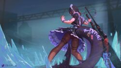 1girl absurdres arkaim black_hair black_pantyhose colored_inner_hair dress ellen_joe fins fish_tail frilled_dress frills from_behind glowing glowing_eye highres holding holding_weapon ice maid maid_headdress multicolored_hair pantyhose puffy_short_sleeves puffy_sleeves red_eyes red_hair shark_girl shark_tail short_hair short_sleeves solo tail twitter_username weapon wrist_cuffs zenless_zone_zero