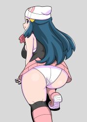1girl absurdres aged_up ass beanie black_shirt black_socks blue_eyes blue_hair boots breasts curvy dawn_(pokemon) female_focus from_behind grey_background hair_ornament hat highres kneehighs koutarosu large_breasts long_hair matching_hair/eyes miniskirt nintendo open_mouth panties pink_boots pink_skirt poke_ball_print pokemon pokemon_dppt red_scarf scarf shirt simple_background skirt socks solo thick_thighs thighs underwear white_hat white_panties