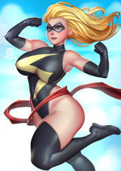 1girl aqua_eyes ass bare_shoulders black_gloves black_thighhighs blonde_hair blue_sky bokuman breasts breasts_apart carol_danvers clenched_hands cowboy_shot curvy domino_mask elbow_gloves female_focus flying gloves groin halterneck highleg highleg_leotard hip_bones hip_focus huge_ass impossible_clothes large_breasts leotard lightning_bolt_symbol lips long_hair marvel mask ms._marvel ms._marvel_(series) shiny_skin sky smile solo superhero_costume thigh_gap thighhighs thong_leotard turtleneck wide_hips