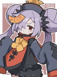 1girl black_shorts blue_hat blue_shirt border bow bowtie brown_background closed_mouth commentary_request cowboy_shot disgaea double_bun hair_bun hair_over_one_eye hands_up hat highres long_hair long_sleeves looking_at_viewer ofuda ofuda_on_head outline outside_border pointy_ears purple_hair red_eyes shirt shorts sleeves_past_fingers sleeves_past_wrists solo suaman twintails v-shaped_eyebrows white_border white_outline yellow_bow yellow_bowtie zombie_maiden_(disgaea)