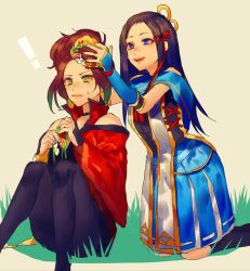anago_(tokyo_retro_gokko) black_hair black_pantyhose blue_eyes blush brown_hair choker earrings flower green_eyes hair_flower hair_ornament hair_ribbon hayakawa-dono japanese_clothes jewelry kaihime kimono kneeling legs long_hair pantyhose parted_bangs pleated_skirt ponytail ribbon sengoku_musou sitting skirt smile