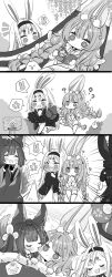 +_+ 4koma 6+girls ? akagi_(azur_lane) amagi-chan_(azur_lane) amagi_(azur_lane) animal animal_ears azur_lane biting black_hairband braid breasts biting_cheek chibi comic glasses hairband highres holding holding_animal kaga_(azur_lane) le_malin_(azur_lane) le_malin_(listless_lapin)_(azur_lane) le_triomphant_(azur_lane) manjuu_(azur_lane) multiple_girls official_alternate_costume putimaxi rabbit_ears rabbit_girl round_eyewear shimakaze_(azur_lane) sleeping small_breasts souryuu_(azur_lane) speech_bubble thought_bubble twin_braids white_hair