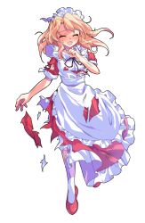 1girl :d ^_^ apron black_ribbon blonde_hair blush closed_eyes commentary_request dairi dress facing_viewer frilled_apron frilled_dress frills full_body hand_up highres large_variant_set long_hair maid_headdress neck_ribbon open_mouth pantyhose red_dress red_shoes ribbon shoes short_sleeves smile solo standing sweatdrop torn_clothes torn_dress touhou touhou_(pc-98) transparent_background variant_set white_apron white_pantyhose yumeko_(touhou)