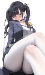 Rule 34 | 1girl, absurdres, black choker, black hair, blush, breasts, choker, cleavage, closed mouth, collarbone, commentary, crossed legs, goddess of victory: nikke, highres, jacket, jewelry, large breasts, long hair, looking at viewer, nikku nana, on suitcase, open clothes, open jacket, pantyhose, red eyes, shirt, simple background, sitting, skirt, smile, solo, sora (nikke), suitcase, symbol-only commentary, twintails, white background, white pantyhose, white shirt