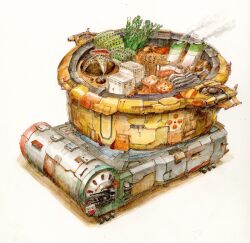 Rule 34 | acrylic paint (medium), aircraft, ballpoint pen (medium), cannon, food, highres, mechanization, nabe, no humans, original, painting (medium), pen (medium), simple background, smoke, smokestack, tagme, traditional media, tsuboi hajime, vehicle focus, watercolor (medium), white background