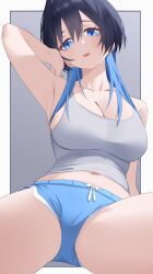 1girl absurdres arm_up bad_ears black_hair blue_eyes blue_hair blue_shorts breasts dolphin_shorts grey_tank_top highres hololive hololive_english large_breasts long_hair mahiruuu multicolored_hair navel open_mouth ouro_kronii short_shorts shorts solo tank_top two-tone_hair virtual_youtuber