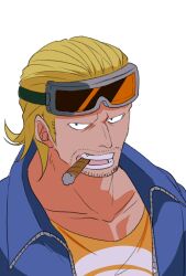 Rule 34 | 1boy, beard stubble, blonde hair, blue shirt, cigar, collared shirt, facial hair, goggles, goggles on head, hair slicked back, highres, looking at viewer, male focus, one piece, orange shirt, paulie (one piece), shirt, sideburns, solo, stubble, upper body, white background, yuuya (hakase-luv)