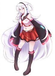 1girl adversarial_noise arm_tattoo bare_shoulders belt black_boots black_sleeves boots breasts chanpotei closed_mouth colored_eyelashes commentary detached_sleeves english_commentary full_body headphones highres large_breasts long_hair looking_at_viewer midriff navel pleated_skirt red_belt red_eyes red_skirt red_trim shirt simple_background skirt smile solo sukone_tei tattoo turtleneck utau very_long_hair vocaloid_boxart_pose white_background white_hair white_shirt