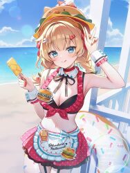 Rule 34 | 1girl, :q, akai haato, akai haato (7th costume), apron, artist name, beach, bikini, black bikini, black ribbon, blonde hair, blue eyes, blue sky, blush, braid, breasts, choker, cleavage, cloud, commentary, cowboy shot, day, detached collar, food, food-themed hair ornament, garter straps, hair ornament, hair ribbon, hamburger hat, highres, holding, holding food, holding popsicle, hololive, innertube, large breasts, layered bikini, lens flare, long hair, looking at viewer, low twin braids, midriff, momoshiki tsubaki, nail polish, name tag, navel, ocean, official alternate costume, official alternate hairstyle, outdoors, polka dot, polka dot bikini, polka dot skirt, popsicle, red bikini, red choker, red nails, red ribbon, red skirt, ribbon, shore, skirt, sky, solo, standing, swim ring, swimsuit, tongue, tongue out, twin braids, very long fingernails, virtual youtuber, w, waist apron, waitress, white apron, white wrist cuffs, wrist cuffs