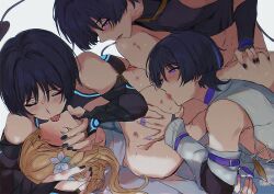 1girl 3boys absurdres adapted_costume arm_belt arm_warmers armor artist_name belt belt_buckle bite_mark bite_mark_on_breast bite_mark_on_thigh black_bridal_gauntlets black_hair black_nails black_shirt blonde_hair blue_trim blunt_ends blush boy_on_top breast_sucking breasts bridal_gauntlets buckle choppy_bangs clone_harem closed_eyes clothing_cutout cross-laced_clothes cross-laced_top deep_skin demon_tail detached_sleeves eyeliner eyeshadow fangs french_kiss genshin_impact grabbing_another&#039;s_breast groping hand_on_another&#039;s_face hand_on_another&#039;s_head heart heart_tail hetero hickey highres implied_penetration japanese_armor jewelry kiss kote kurokote large_breasts looking_at_another lumine_(genshin_impact) lying makeup male_harem multiple_boys multiple_persona nan7719318 neck_ring on_back on_bed pectorals pinned purple_belt purple_eyes purple_nails red_eyeliner red_eyeshadow saliva scaramouche_(genshin_impact) scaramouche_(kabukimono)_(genshin_impact) scarf shirt short_hair short_hair_with_long_locks side_cutout sidelocks tail teeth thigh_grab toned toned_male tongue tongue_out upper_teeth_only wanderer_(genshin_impact) white_background white_scarf white_shirt white_sleeves