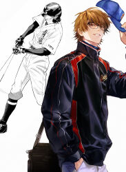 Rule 34 | 1boy, absurdres, ace of diamond, bag, baseball, baseball bat, baseball cap, baseball helmet, baseball uniform, blue hat, brown eyes, brown hair, commentary request, cowboy shot, from side, full body, glasses, hand in pocket, hat, helmet, high collar, highres, long sleeves, looking at viewer, male focus, miyuki kazuya, playing sports, seidou high school jacket, short hair, shoulder bag, simple background, smile, solo, sportswear, swinging baseball bat, teeth, white background, yiuuohyhgrd, zipper