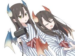 Rule 34 | 2girls, black hair, blue horns, blue wings, dragon girl, dragon horns, dragon wings, fujiyama (yellow), hair dryer, hands on lap, holding, holding hair dryer, horns, lind (princess connect!), long hair, multiple girls, open mouth, princess connect!, red horns, red sash, red wings, sash, siblings, sidelocks, simple background, sitting, twins, white background, wings, wurm (princess connect!), yellow eyes