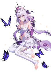 1girl absurdres barefoot blush bug butterfly castorice_(honkai:_star_rail) feet highres honkai:_star_rail honkai_(series) insect kurosti long_hair looking_at_viewer parted_lips purple_eyes purple_hair soles stirrup_legwear toeless_legwear toes