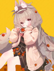 Rule 34 | 1girl, :o, animal ear fluff, animal ears, autumn leaves, belt, black dress, blush, bow, brown dress, brown eyes, brown hair, brown jacket, cardigan, commission, dress, feet out of frame, fox ears, grey hair, hair between eyes, hairband, hand on own cheek, hand on own face, hands up, hatosasami, highres, holding, holding leaf, jacket, leaf, light brown hair, long hair, long sleeves, looking at viewer, maple leaf, open cardigan, open clothes, open jacket, original, parted lips, plaid, puffy long sleeves, puffy sleeves, red bow, short eyebrows, simple background, sitting, skeb commission, sleeves past wrists, solo, squirrel (jjjjmmn err), tail, thick eyebrows, very long hair, watermark, yellow background