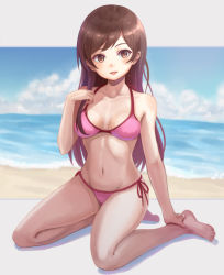 1girl bare_shoulders barefoot beach bikini blurry blurry_background blush breasts brown_eyes brown_hair cleavage cloud collarbone commentary day depth_of_field halterneck hand_on_own_chest hand_on_own_foot head_tilt horizon kanojo_okarishimasu kneeling letterboxed long_hair looking_at_viewer medium_breasts mizuhara_chizuru navel ocean open_mouth outside_border pink_bikini purea side-tie_bikini_bottom sky smile solo string_bikini swept_bangs swimsuit water