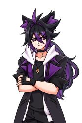 1boy ahoge animal_ear_fluff animal_ears black_choker black_coat black_gloves black_hair black_pants black_shirt cat_boy cat_ears choker closed_mouth coat collarbone colored_tips commentary cowboy_shot crossed_arms double-parted_bangs english_commentary eyebrows_hidden_by_hair facing_viewer fingerless_gloves frown furrowed_brow genderswap genderswap_(ftm) glaring gloves hair_between_eyes hair_flaps hair_intakes head_tilt hood hood_down hooded_jacket jacket jewelry layered_clothes long_eyelashes long_hair looking_to_the_side low_ponytail male_focus multicolored_hair narrowed_eyes necklace open_clothes open_coat open_jacket original pants ponytail purple_eyes purple_hair purple_streaks shirt sidelocks simple_background sleeves_rolled_up solo spiked_hair streaked_hair thick_eyebrows thick_eyelashes two-tone_hair v-shaped_eyebrows very_long_hair vixenofthestars wavy_hair white_background white_jacket