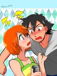1boy 1girl ash_ketchum bare_arms black_hair cosplay eyelashes green_eyes hair_between_eyes hair_down highres misty_(pokemon) nintendo open_mouth orange_hair orange_shirt pokemon pokemon:_the_first_movie_-_mewtwo_strikes_back pokemon_(anime) pokemon_(classic_anime) shirt short_hair yellow_shirt