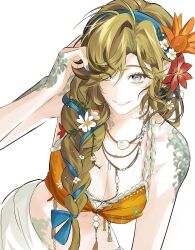 Rule 34 | 1girl, bare shoulders, bikini, blonde hair, blue eyes, blue hairband, breasts, cleavage, flower, grin, hair flower, hair ornament, hairband, hand on own head, hand up, highres, long braid, long hair, looking at viewer, m9865074674044, medium breasts, mole, mole under eye, nail polish, official alternate costume, orange bikini, orange flower, red flower, reverse:1999, sarong, scales, smile, solo, swimsuit, upper body, vila (by the painted city) (reverse:1999), vila (reverse:1999), white background, white flower, white sarong
