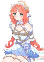Rule 34 | 1girl, absurdres, bdsm, blunt bangs, bondage, bound, flower, frogtie, genshin impact, hair ornament, highres, long hair, nilou (breeze of sabaa) (genshin impact), nilou (genshin impact), red hair, restrained, rope, shibari, shibari over clothes, sitting, softo3932, thighs, variant set, very long hair, wariza