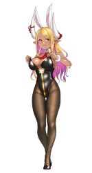 1girl blonde_hair breasts cleavage dark-skinned_female dark_skin draph full_body granblue_fantasy highres horns kumbhira_(granblue_fantasy) large_breasts leotard long_hair multicolored_hair pantyhose playboy_bunny pointy_ears purple_hair solo transparent_background two-tone_hair yellow_eyes yggsil