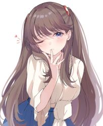 Rule 34 | 1girl, blue skirt, blush, breasts, brown hair, commentary, fujishima megumi, fujishima megumi (summer casual), hand to own mouth, heart, large breasts, leaning forward, link! like! love live!, long hair, looking at viewer, love live!, notice lines, notyu maru, one eye closed, parted lips, pleated skirt, purple eyes, shirt, simple background, skirt, three-quarter sleeves, solo, two side up, upper body, very long hair, virtual youtuber, white background, white shirt