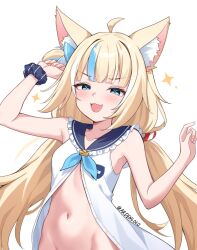 1girl :3 ahoge animal_ear_fluff animal_ears ardenlolo arm_up bare_arms blonde_hair blue_eyes blue_hair blue_sailor_collar bottomless cat_ears commentary dress english_commentary groin half-closed_eyes hand_up highres hip_bones indie_virtual_youtuber lifebuoy_hair_ornament long_hair looking_at_viewer low_twintails multicolored_hair naked_dress navel one_side_up open_mouth sailor_collar sameko_saba scrunchie simple_background sleeveless sleeveless_dress smile smug solo sparkle stomach streaked_hair twintails unbuttoned upper_body very_long_hair virtual_youtuber white_background white_dress wrist_scrunchie