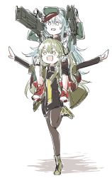 2girls assault_rifle blue_hair bullpup carrying_over_shoulder caseless_firearm commentary_request dual_wielding g11_(girls&#039;_frontline) girls&#039;_frontline green_hair gun h&amp;k_g11 happy highres holding horizontal_magazine jacket leg_up multiple_girls rifle shinoe_nun sweatdrop t-pose ump40_(girls&#039;_frontline) weapon