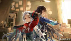 Rule 34 | 2girls, back-to-back, black hair, black shirt, black shorts, blue jacket, blurry, blurry background, bracelet, braid, colored skin, couch, finger to eye, green skin, guilongchao, hair over shoulder, hand on own chest, hand on own head, hands up, highres, indoors, jacket, jewelry, lin (guilongchao), long hair, looking at viewer, mole, mole under eye, multiple girls, nanchi fantuan, official art, open mouth, outstretched arm, profile, red eyes, red jacket, ring, shirt, shorts, single braid, stairs, tong (female) (guilongchao), very long hair, watermark, weibo watermark, white hair, yellow eyes